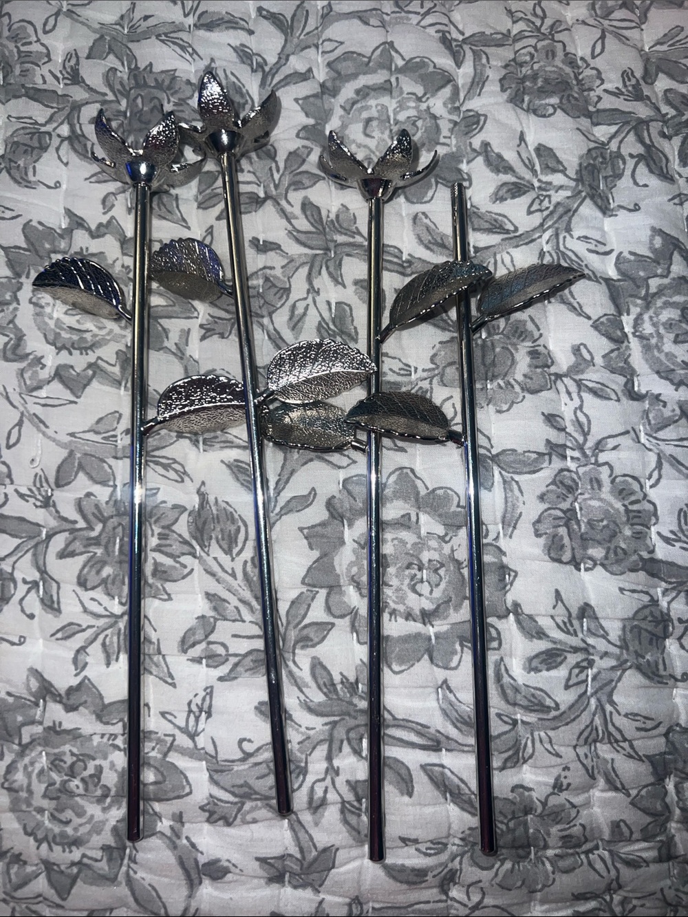 Silver Floral Leaf Drink Stir Sticks - Set of 4